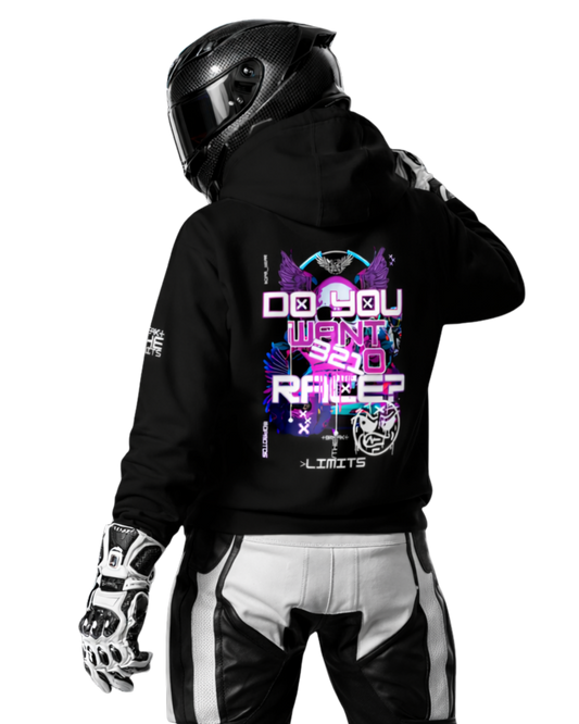 Motorcycle rider wearing black hoodie with neon cyberpunk back graphic and full-face helmet, viewed from behind, streetwear inspired by racing culture, speed and no-limits attitude.