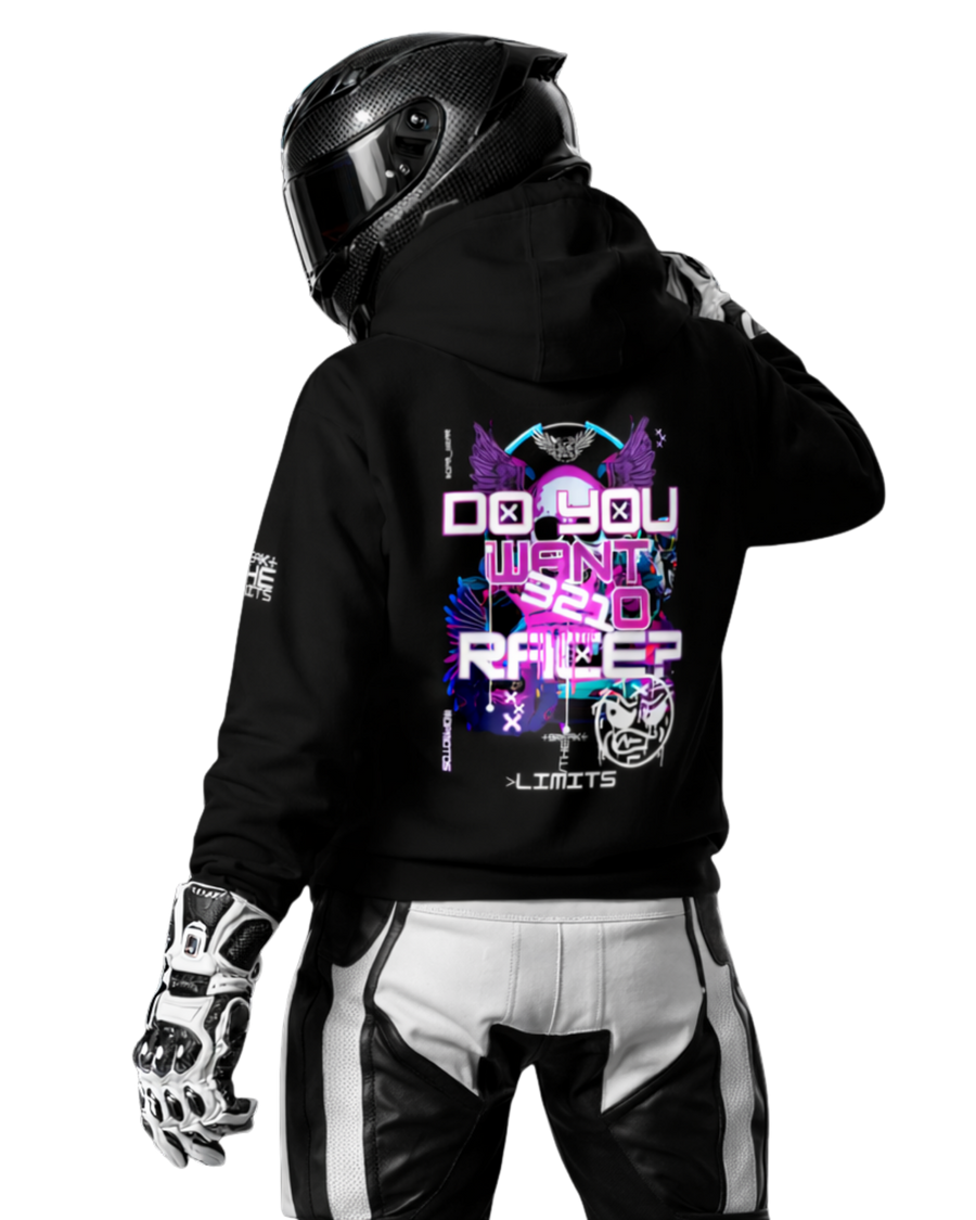 Motorcycle rider wearing black hoodie with neon cyberpunk back graphic and full-face helmet, viewed from behind, streetwear inspired by racing culture, speed and no-limits attitude.