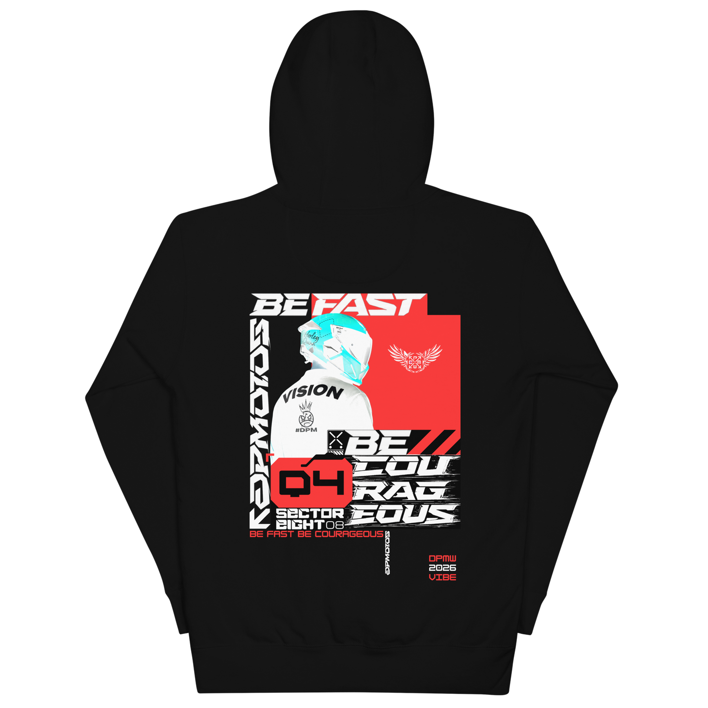 Black DPMOTOS hoodie with large red and white back graphic inspired by racing helmets and motorsport visuals, bold streetwear design focused on speed and performance culture.