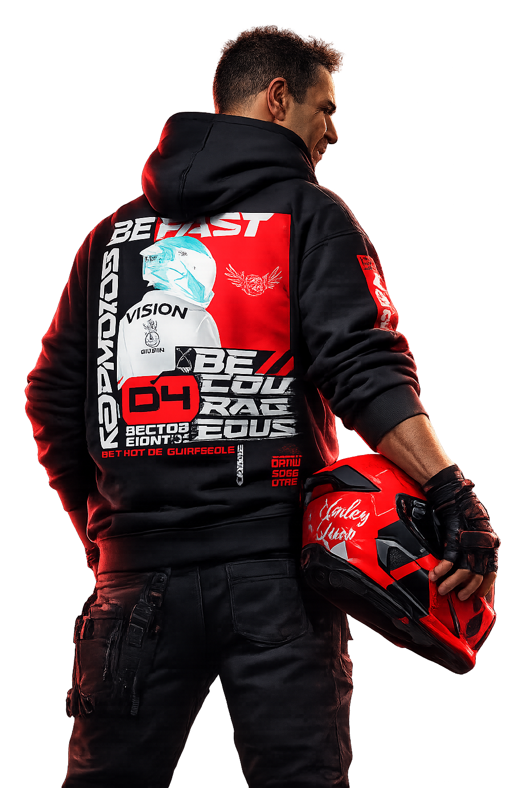 Motorcycle rider wearing black motorsport hoodie with bold red back graphic, holding helmet, photographed from behind in dark studio, aggressive street racing and performance-driven lifestyle.