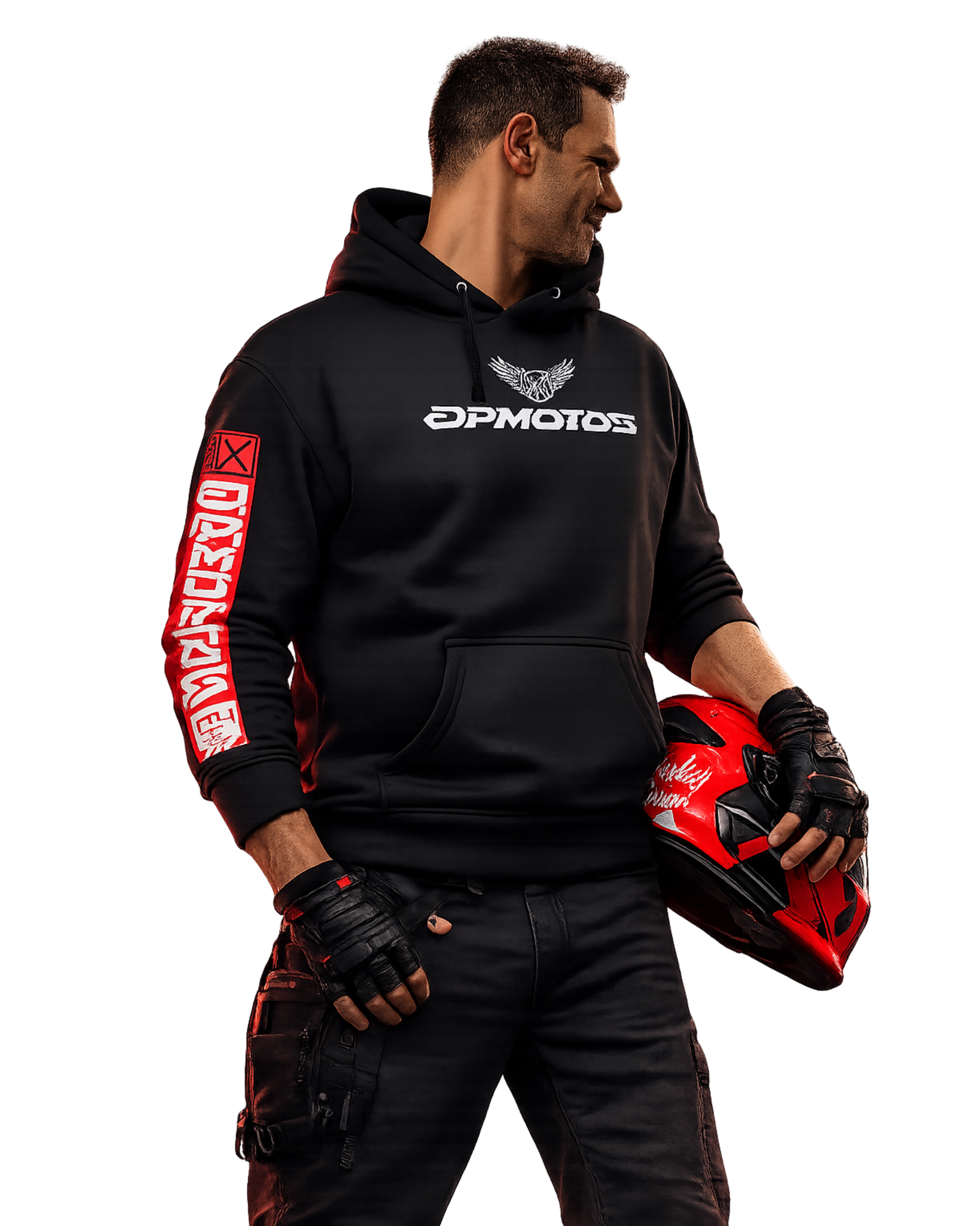 Motorcycle rider wearing black motorsport hoodie with bold red back graphic, holding a red helmet, photographed from behind in dark studio, street racing attitude and performance lifestyle.
