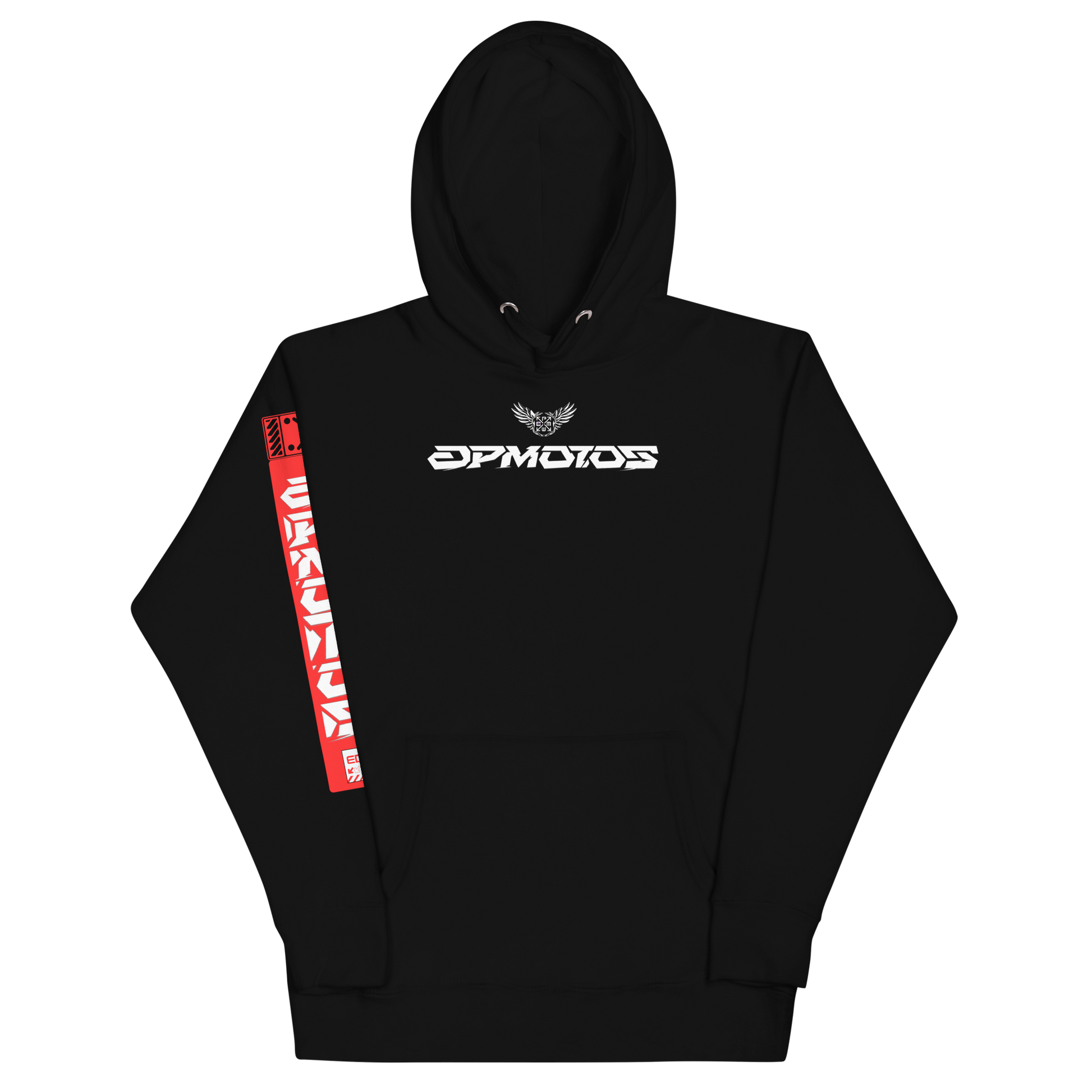 Black DPMOTOS hoodie with minimalist front logo and red sleeve graphic, streetwear design inspired by motorsport performance and urban racing culture.